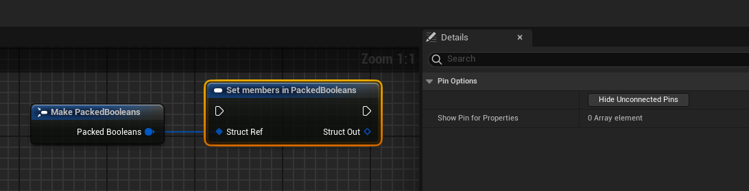 An image showing that the "Set members in PackedBooleans" node has no members to modify